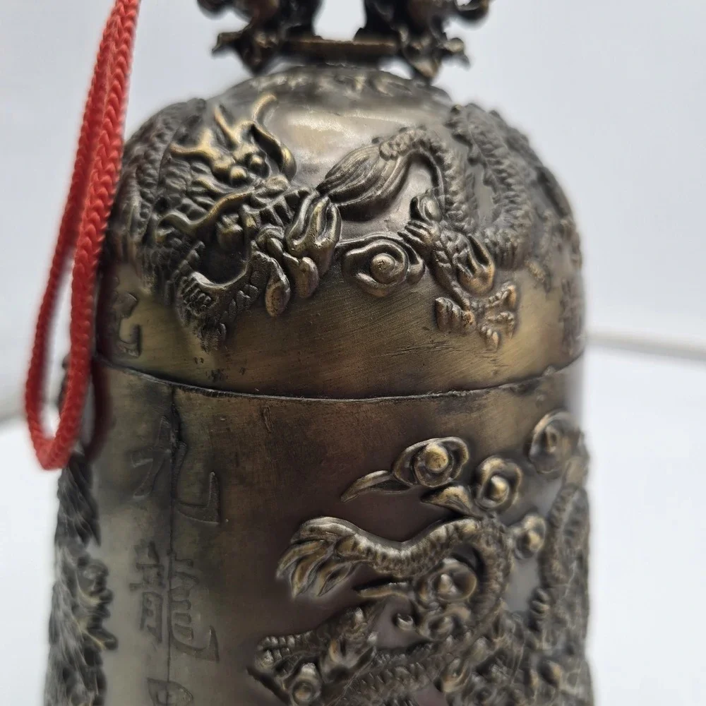 Vintage Chinese‎ Brass Bell with Dragon & Foo Dog Motif For Luck & Wealth